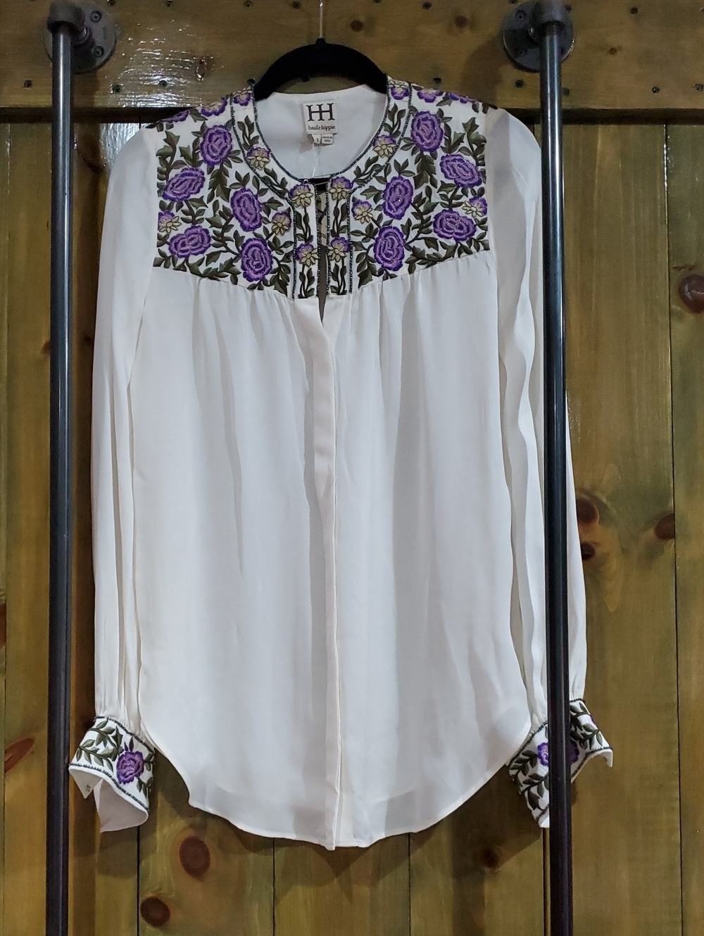 Haute Hippie Cream Blouse with Purple Rose Embroiderylong Sleeve Dressy Career
